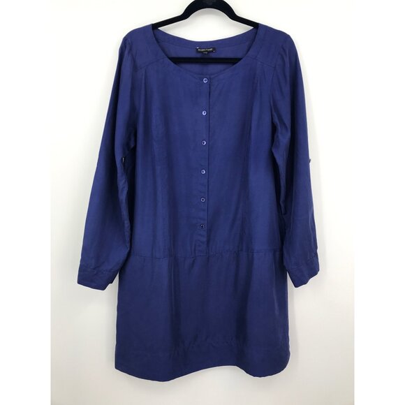 Eileen Fisher Button Shirt Silk Dress Navy Roll Tab Sleeve Size Medium - Picture 1 of 7